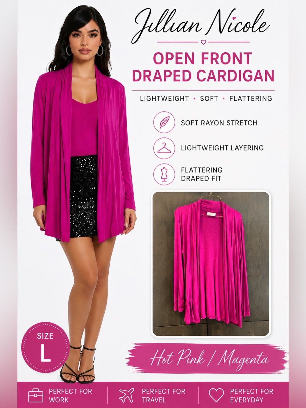 Jillian Nicole Magenta Open Front Draped Cardigan Rayon Stretch Lightweight L